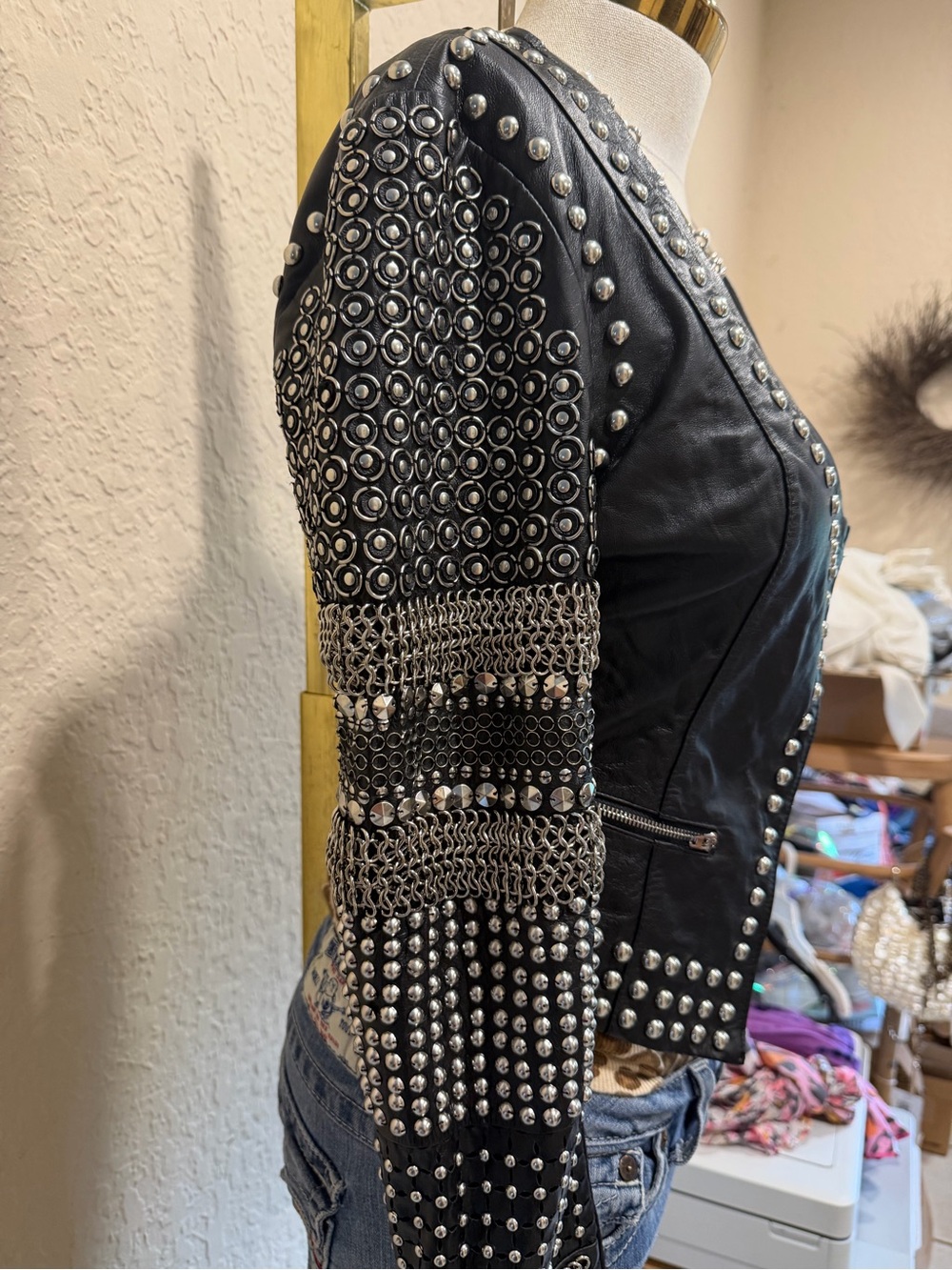 Vintage Bebe Bobbie Studded Crop Black leather Jacket RARE Size Small - Picture 2 of 5